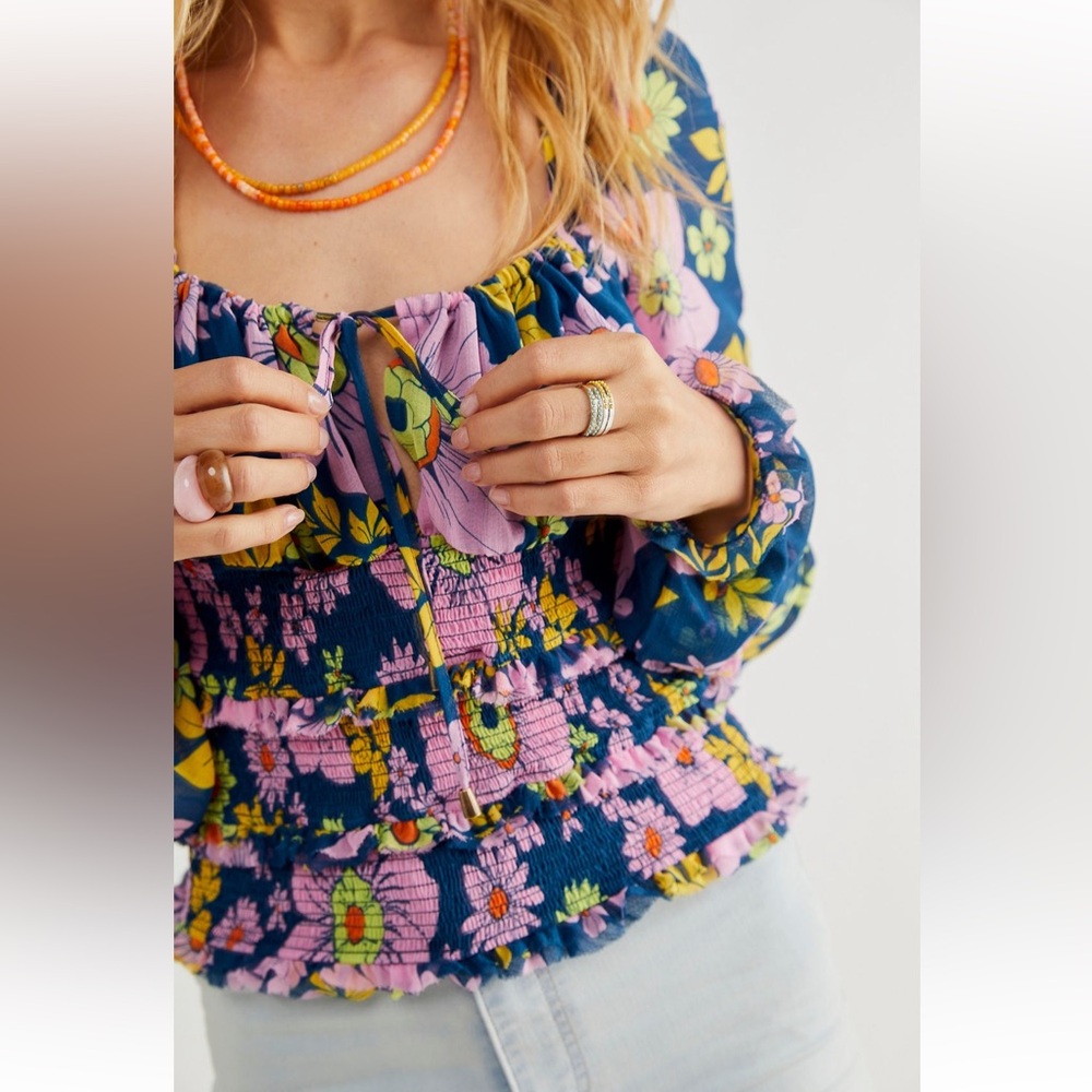 NWOT Free People Printed Lolita Top - Navy Combo, size M